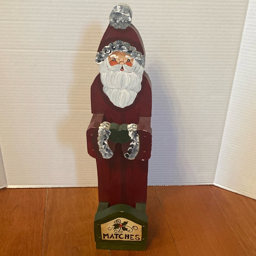 VTG hand painted wood Santa long match stick holder 17”